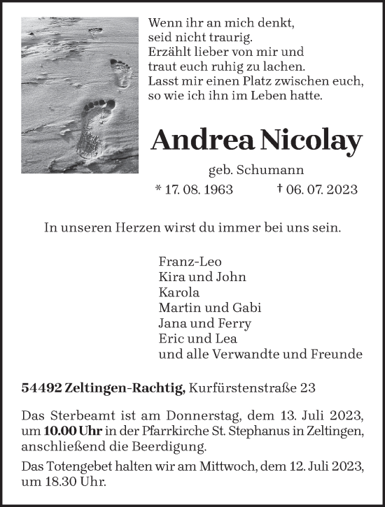 Todesanzeige von Andrea Nicolay von trierischer_volksfreund
