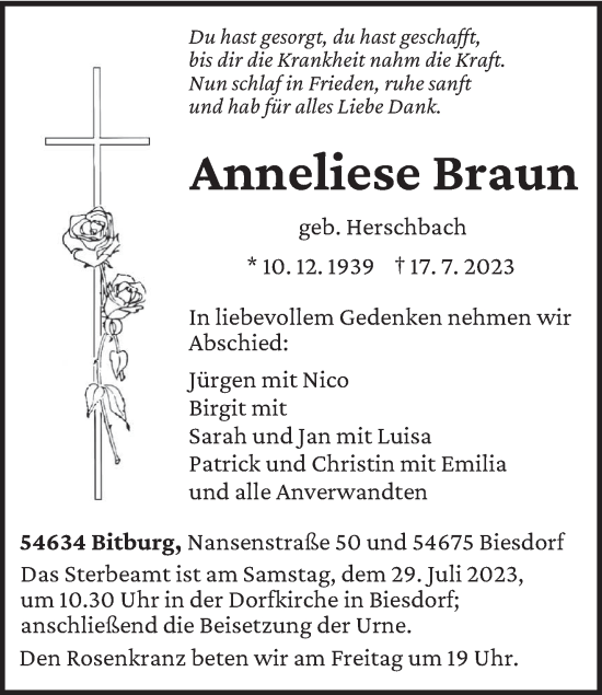 Todesanzeige von Anneliese Braun von trierischer_volksfreund
