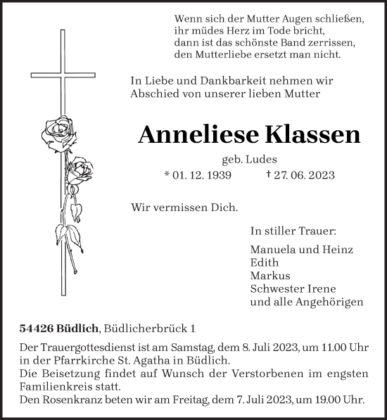 Todesanzeige von Anneliese Klassen von trierischer_volksfreund