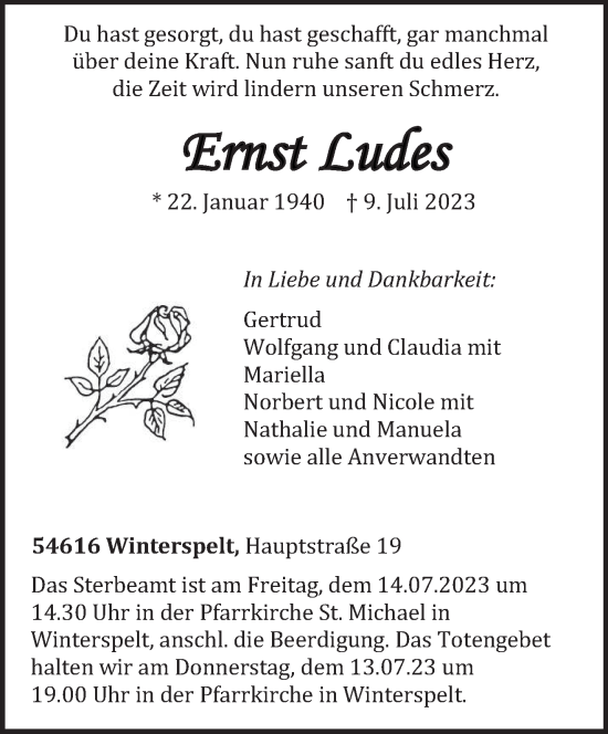 Todesanzeige von Ernst Ludes von trierischer_volksfreund