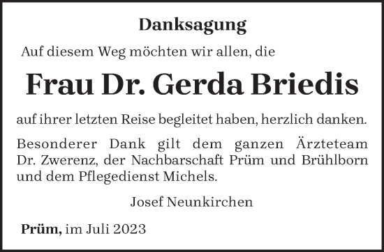 Todesanzeige von Gerda Briedis von trierischer_volksfreund
