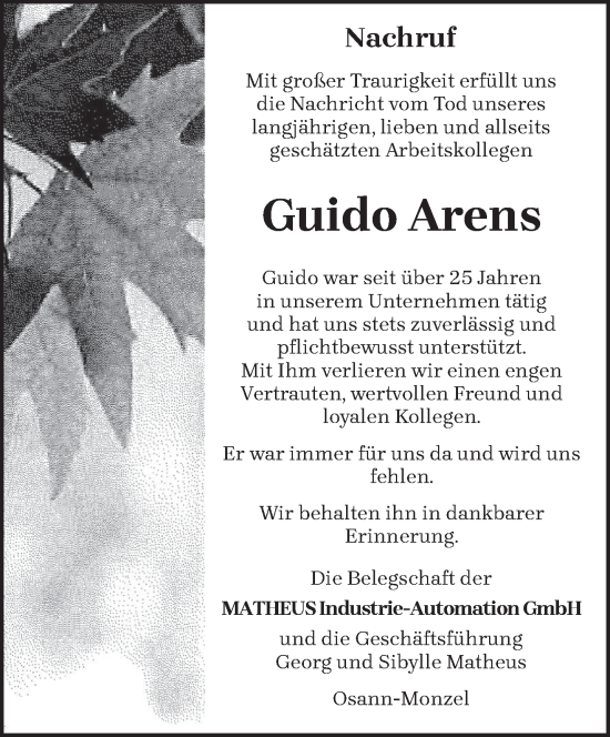 Todesanzeige von Guido Arens von trierischer_volksfreund