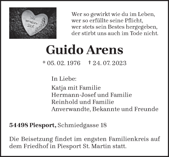 Todesanzeige von Guido Arens von trierischer_volksfreund
