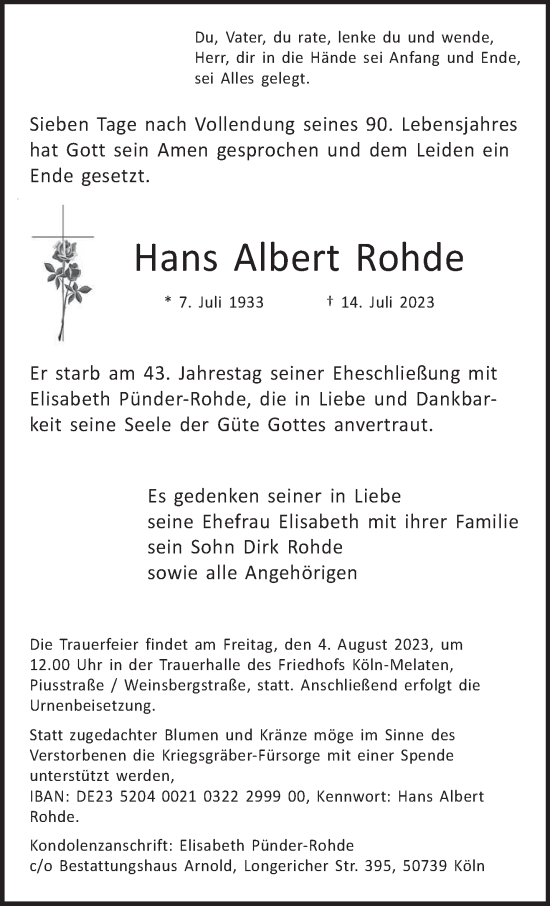 Todesanzeige von Hans Albert Rohde von trierischer_volksfreund