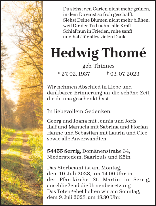 Todesanzeige von Hedwig Thome von trierischer_volksfreund