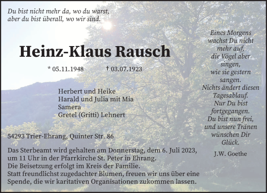 Todesanzeige von Heinz-Klaus Rausch von trierischer_volksfreund