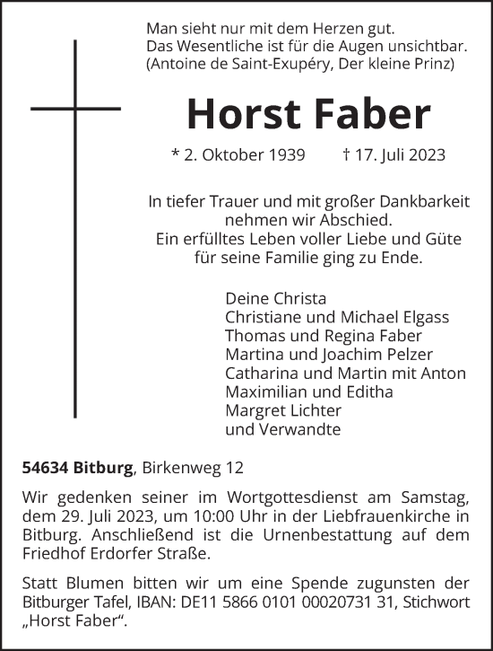 Todesanzeige von Horst Faber von trierischer_volksfreund