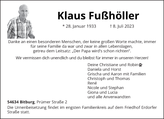 Todesanzeige von Klaus Fußhöller von trierischer_volksfreund