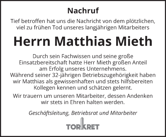 Todesanzeige von Matthias Mieth von trierischer_volksfreund