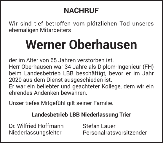 Todesanzeige von Werner Oberhausen von trierischer_volksfreund