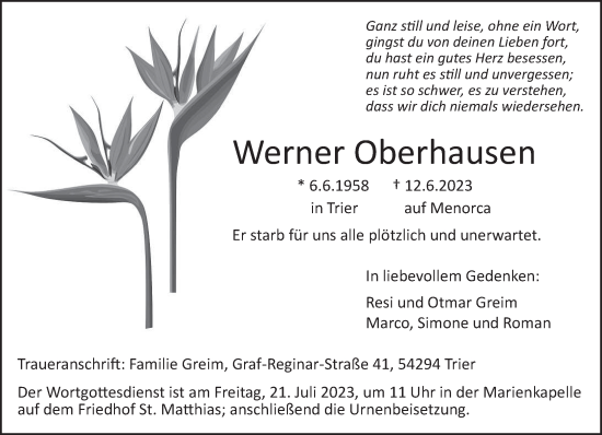 Todesanzeige von Werner Oberhausen von trierischer_volksfreund