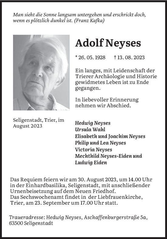 Todesanzeige von Adolf Neyses von trierischer_volksfreund