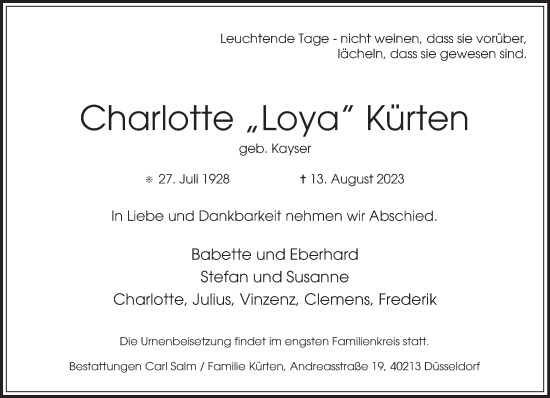 Todesanzeige von Charlotte Kürten von trierischer_volksfreund