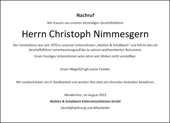 Todesanzeige von Christoph Nimmesgern von trierischer_volksfreund