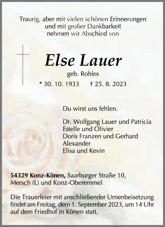 Todesanzeige von Else Lauer von trierischer_volksfreund