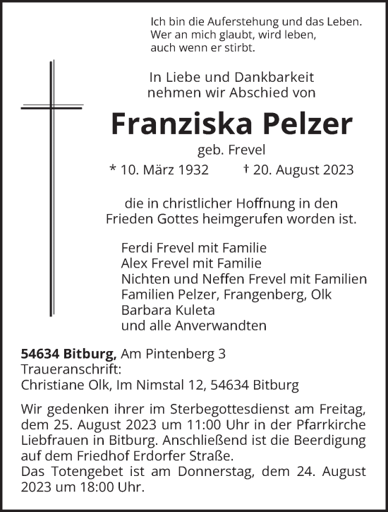 Todesanzeige von Franziska Pelzer von trierischer_volksfreund