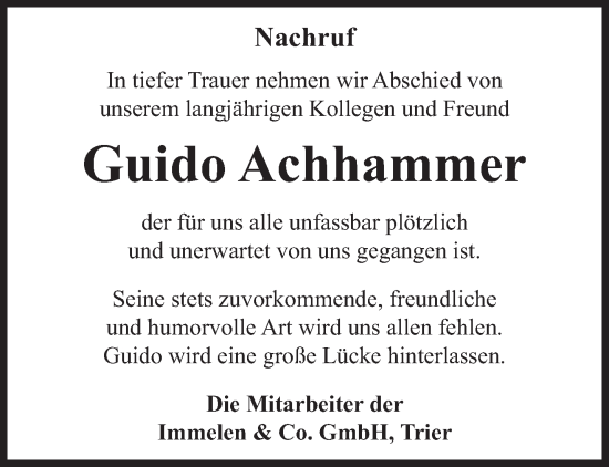 Todesanzeige von Guido Achhammer von trierischer_volksfreund