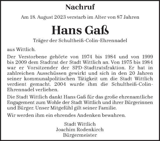 Todesanzeige von Hans Gaß von trierischer_volksfreund