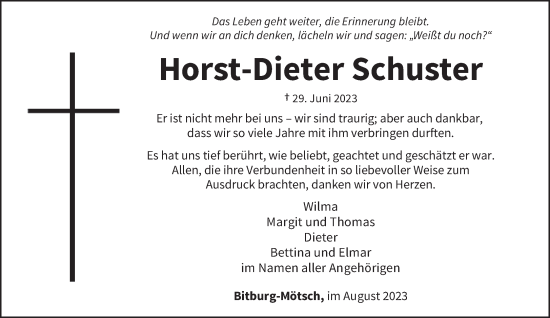 Todesanzeige von Horst-Dieter Schuster von trierischer_volksfreund