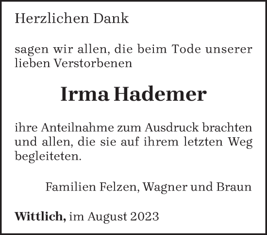 Todesanzeige von Irma Hademer von trierischer_volksfreund