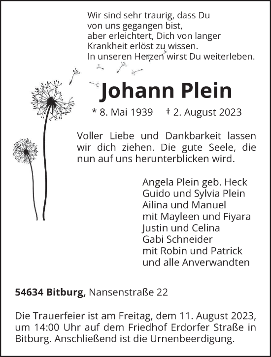 Todesanzeige von Johann Plein von trierischer_volksfreund