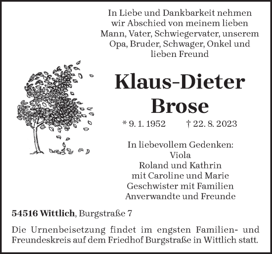 Todesanzeige von Klaus-Dieter Brose von trierischer_volksfreund