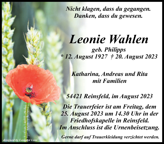 Todesanzeige von Leonie Wahlen von trierischer_volksfreund