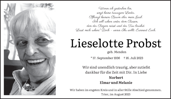 Todesanzeige von Lieselotte Probst von trierischer_volksfreund