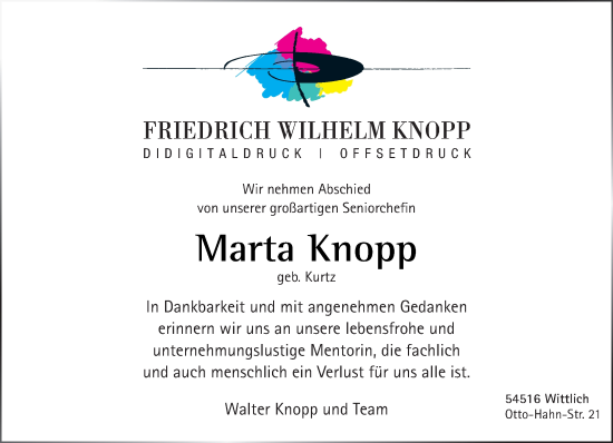 Todesanzeige von Marta Knopp von trierischer_volksfreund