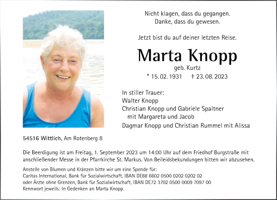 Todesanzeige von Marta Knopp von trierischer_volksfreund