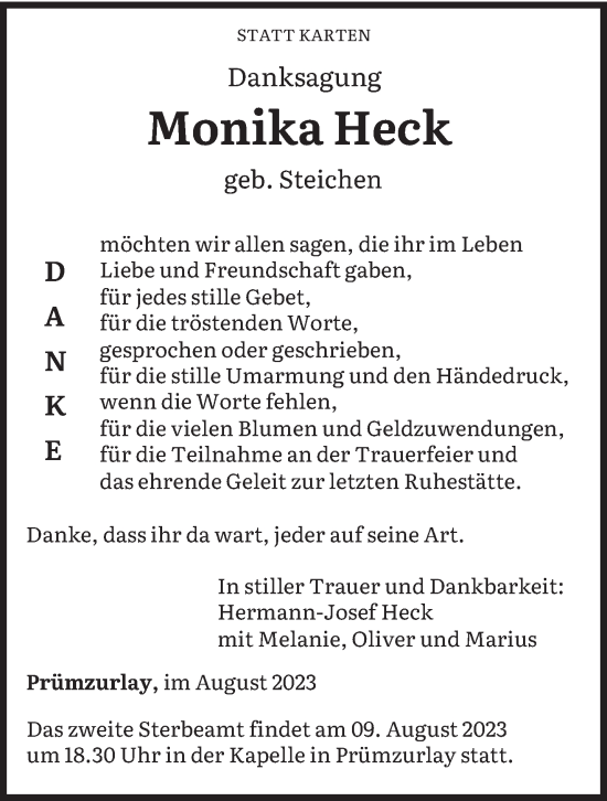 Todesanzeige von Monika Heck von trierischer_volksfreund
