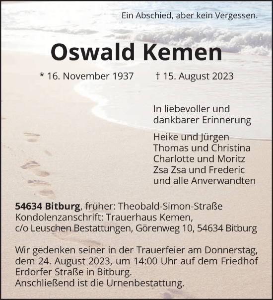 Todesanzeige von Oswald Kemen von trierischer_volksfreund