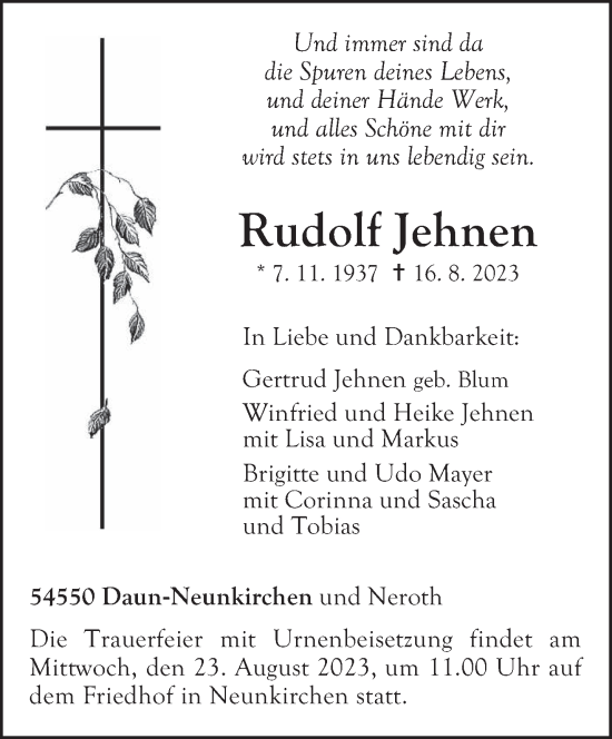 Todesanzeige von Rudolf Jehnen von trierischer_volksfreund