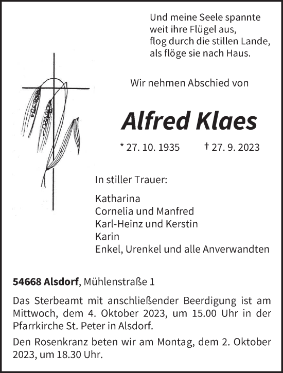 Todesanzeige von Alfred Klaes von trierischer_volksfreund
