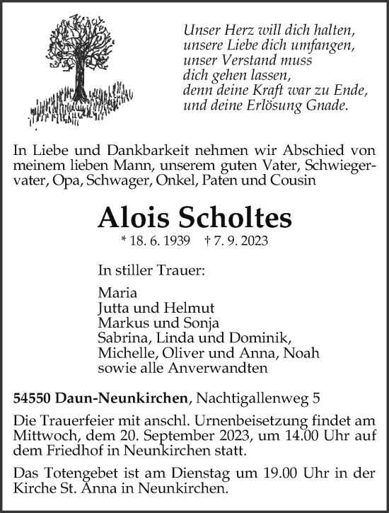 Todesanzeige von Alois Scholtes von trierischer_volksfreund