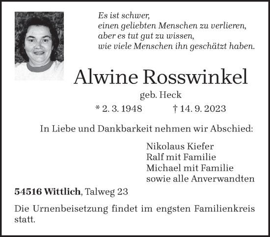 Todesanzeige von Alwine Rosswinkel von trierischer_volksfreund