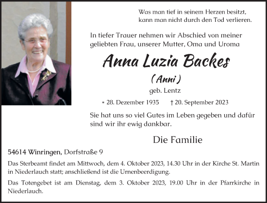 Todesanzeige von Anna Luzia Bakes von trierischer_volksfreund