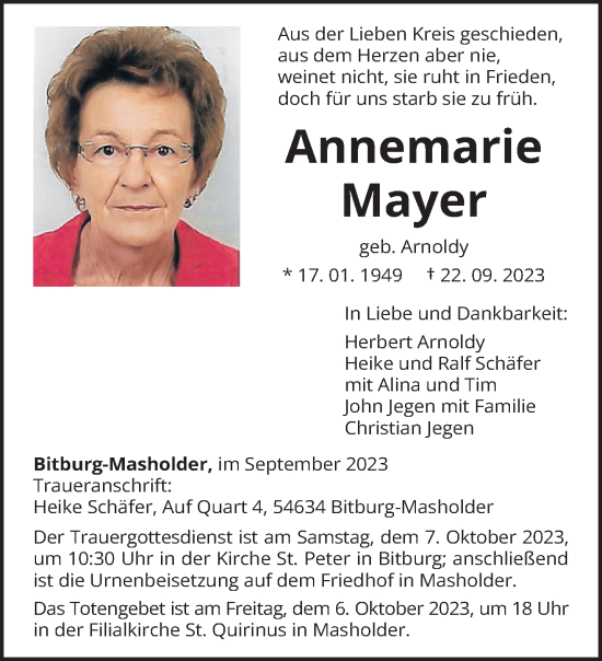 Todesanzeige von Annemarie Mayer von trierischer_volksfreund