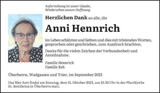 Todesanzeige von Anni Hennrich von trierischer_volksfreund