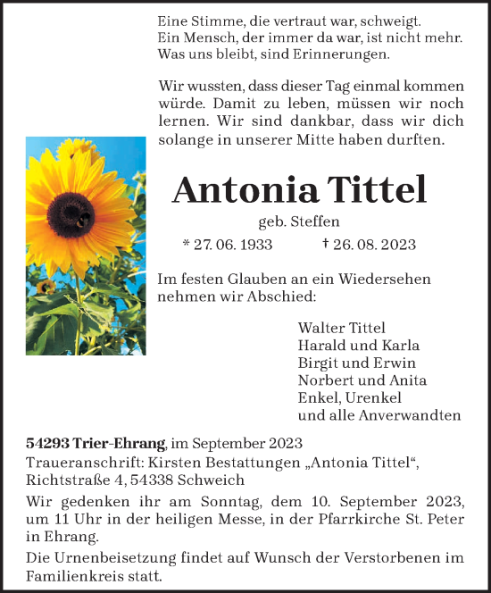 Todesanzeige von Antonia Tittel von trierischer_volksfreund