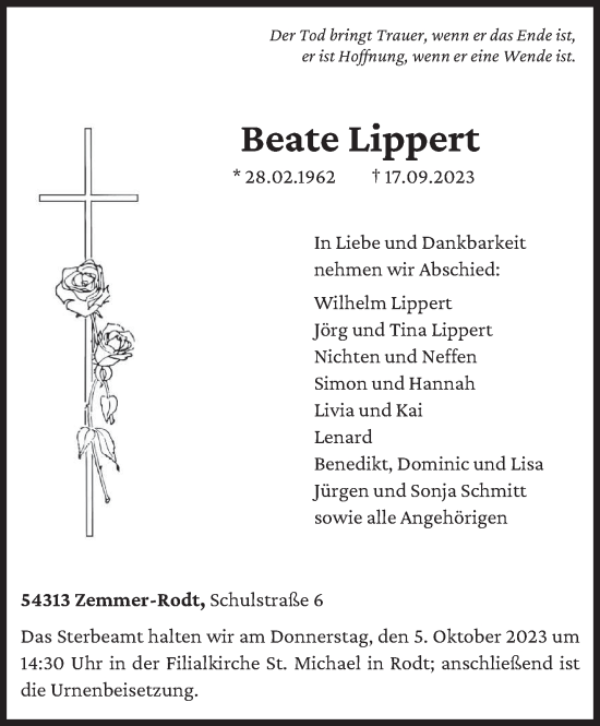 Todesanzeige von Beate Lippert von trierischer_volksfreund