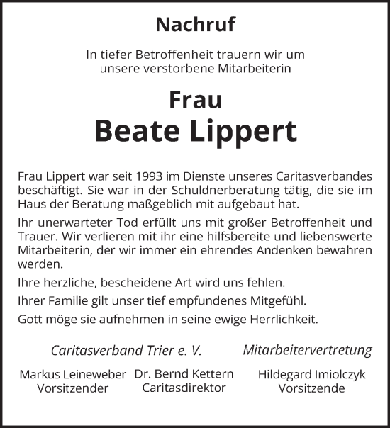 Todesanzeige von Beate Lippert von trierischer_volksfreund