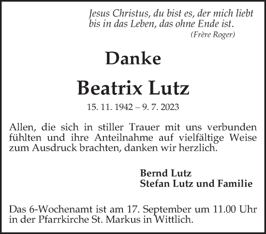 Todesanzeige von Beatrix Lutz von trierischer_volksfreund