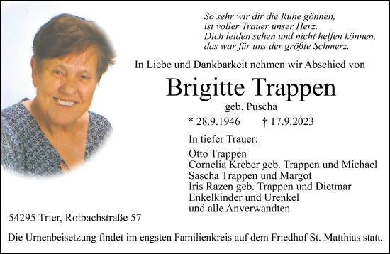 Todesanzeige von Brigitte Trappen von trierischer_volksfreund