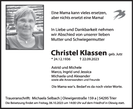 Todesanzeige von Christel Klassen von trierischer_volksfreund