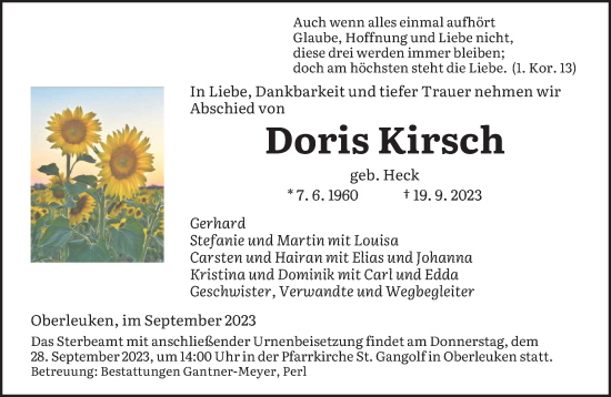 Todesanzeige von Doris Kirsch von trierischer_volksfreund