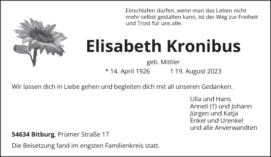 Todesanzeige von Elisabeth Kronibus von trierischer_volksfreund