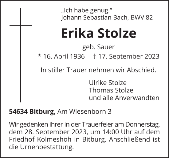 Todesanzeige von Erika Stolze von trierischer_volksfreund