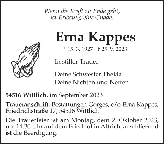 Todesanzeige von Erna Kappes von trierischer_volksfreund