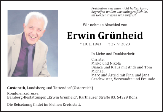 Todesanzeige von Erwin Grünheid von trierischer_volksfreund